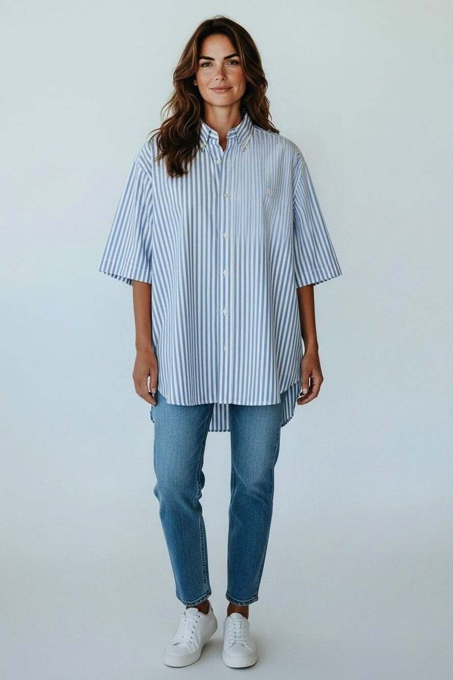 A8 Auth BURBERRY BRIT Blue & White Striped Cotton Short Sleeve Shirt Size XXL